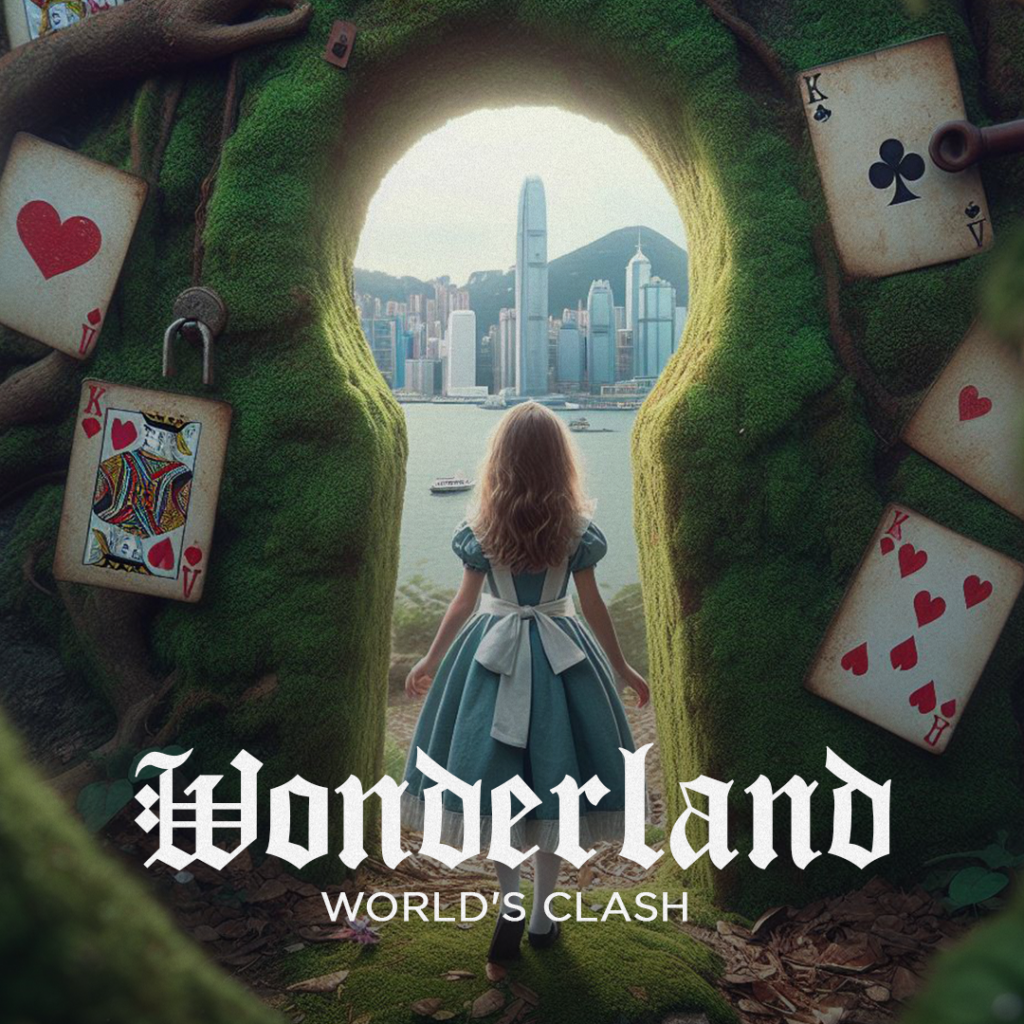 Promotional graphic for the Wonderland escape room at Fox in a Box Hong Kong, featuring whimsical fantasy visuals.